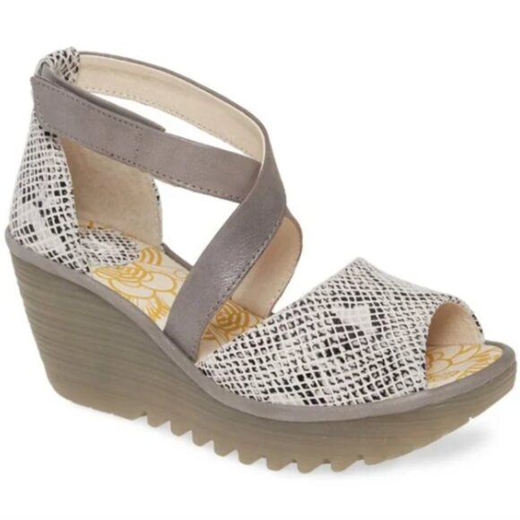 FLY London Yosi 151 Fly Wedge Sandal Platform Ankle Strap Snake Print Leather 41 - Picture 1 of 12